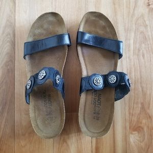 Naot Black Leather Slide Sandals, 39